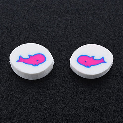 White Handmade Polymer Clay Beads, Oval with Fish, White, 10.5~12x8~8.5x4.5~5mm, Hole: 1.6mm