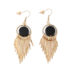Black Resin Flat Round with Tassel Dangle Earrings, Light Gold Alloy Long Drop Earrings for Women, Black, 78mm, Pin: 0.8mm