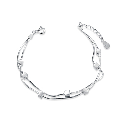 Platinum SHEGRACE Sparkling Rhodium Plated 925 Sterling Silver Double Layered Bracelet, with Wiredrawing Cube Beads, Platinum, 160mm