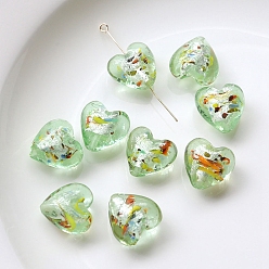 Light Green Handmade Lampwork Beads, with Silver Foil, Heart, Light Green, 15x14mm