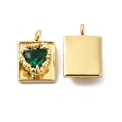 Green Rack Plating Brass Micro Pave Cubic Zirconia Charms, Long-Lasting Plated, Cadmium Free & Lead Free, Rectangle with Heart Charm, Real 18K Gold Plated, Green, 12x8x4mm, Hole: 1.4mm