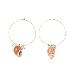 Golden 304 Stainless Steel Hoop Earrings, with Glass Beads and Conch, for Women, Golden, 64x40mm, Pin: 0.8mm