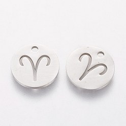 Aries 304 Stainless Steel Charms, Flat Round with Constellation/Zodiac Sign, Aries, 12x1mm, Hole: 1.5mm