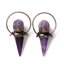 Аметист Подвески в виде черепа из натурального аметиста с конусом, с кольца прыжок из латуни, Красная медь, 71~74x40~42x25~27 мм, отверстие : 6.5 мм