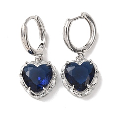 Темно-Синий Серьги-кольца в форме сердца из латуни и стекла ко Дню святого Валентина, без свинца и без кадмия, долговечный, стойки покрытие, платина, темно-синий, 28x12.5 мм