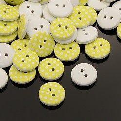 Yellow 2-Hole Flat Round Polka Dot Printed Wooden Sewing Buttons, Dyed, Yellow, 15x4mm, Hole: 1mm
