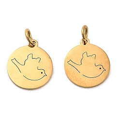 Bird 304 Stainless Steel Charms, with Jump Ring, Flat Round Charm, Laser Cut, Golden, Bird, 13.5x11.5x1mm, Hole: 3.4mm