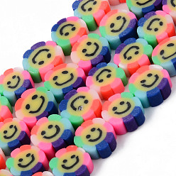 Colorful Handmade Polymer Clay Beads Strands, for DIY Jewelry Crafts Supplies, Flower with Smiling Face, Colorful, 9~10x4mm, Hole: 1.5mm, about 38~40pcs/strand, 13.78 inch~14.8 inch(35~37.6cm)