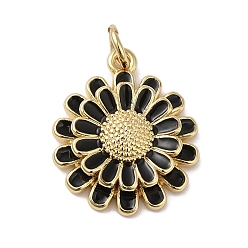 Черный Подвески из латуни с эмалью в стойку, с целью перехода в кольце, долговечный, без свинца и без кадмия, реальный 18 k позолоченный, маргаритка, чёрные, 19x16x4 мм, отверстие : 3 мм
