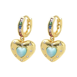 Golden Brass Micro Pave Cubic Zirconia and Cat Eye Beads Heart Hoop Dangle Earrings, Rack Plating, Long-Lasting Plated, Cadmium Free & Lead Free, Golden, 27.5x15.5mm