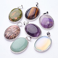 Mixed Stone Natural & Synthetic Mixed Stone Pendants, with Alloy Finding Settings, Oval, Platinum Metal Color, 35x24x8mm