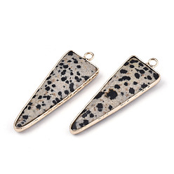 Dalmatian Jasper Natural Dalmatian Jasper Pointed Pendants, with Light Gold Plated Brass Edge and Loop, Triangle, Faceted, 45.5x16.5x6~7mm, Hole: 2.5mm