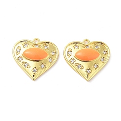 Orange Brass Micro Pave Clear Cubic Zirconia Pendants, with Enamel, Real 18K Gold Plated, Heart with Horse Eye Charms, Orange, 20x21x4mm, Hole: 1.8mm