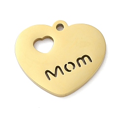 Настоящее золото 18K Ионное покрытие ко дню матери (ip) 304 подвески из нержавеющей стали, лазерная резка, Сердце со словом мама-оберег, реальный 18 k позолоченный, 17.8x20x1.5 мм, отверстие : 1.6 мм