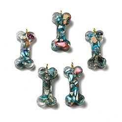 Dark Turquoise Transparent Resin Pendants, Dog Bone Charms, with Natural Opal and Dyed Imperial Jasper, Golden, Dark Turquoise, 27x12x6mm, Hole: 2mm
