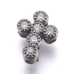 Gunmetal Brass Micro Pave Cubic Zirconia Beads, Lead Free & Cadmium Free, Cross, Clear, Gunmetal, 11x8.5x3.5mm, Hole: 0.8mm