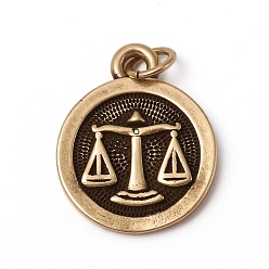 Libra Brass Pendants, with Jump Rings, Long-Lasting Plated, Flat Round with 12 Constellation/Zodiac Sign, Antique Bronze, Libra, 18.5x15x2mm, Jump Ring: 5x0.7mm, Inner Diameter: 3.6mm