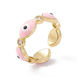 Pink Enamel Evil Eye & Clear Cubic Zirconia Open Cuff Ring, Real 18K Gold Plated Brass Jewelry for Women, Lead Free & Cadmium Free, Pink, US Size 6 1/4(16.7mm)