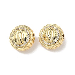 Настоящее золото 18K Латунные микро проложить кубического циркония бусы, плоские круглые с Девой Марией, без свинца и без кадмия, долговечный, реальный 18 k позолоченный, 12.5x8 мм, отверстие : 1.6 мм