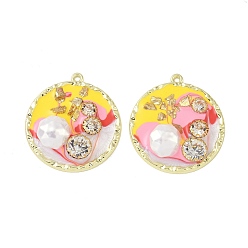 Yellow Rack Plating Alloy Enamel Pendants, with Resin, ABS Imitation Pearl Beads, Rhinestone and Glass Beads, Cadmium Free & Nickel Free & Lead Free, Flat Round, Yellow, 36x33.5x7mm, Hole: 1.8mm