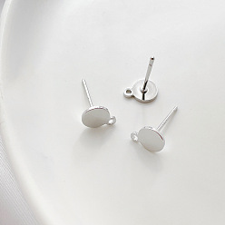 Platinum Brass Flat Round Stud Earring Findings, with Horizontal Loops & Sterling Silver Pins, Platinum, 8x6mm