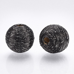 Black Wood Beads Covered with Polyester Cord Wire, Round, Black, 16~17x15.5~16mm, Hole: 3~4mm