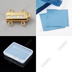 Golden 925 Sterling Silver Crystal Rhinestone Box Clasps, 4-Hole, 2-Strand, with Suede Fabric Square Silver Polishing Cloth, Rectangle, Golden, 10x14.5x5.5mm, Hole: 1.2mm