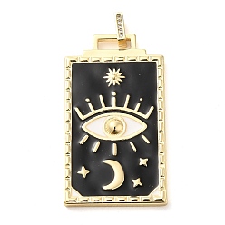 Black Real 18K Gold Plated Brass Rhinestone Pendants, with Enamel, Rectangle with Eye & Moon Charm, Black, 46x26x3mm, Hole: 5x3mm