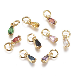 Mixed Color Brass Micro Pave Cubic Zirconia Charms, with Jump Ring, Long-Lasting Plated, Real 18K Gold Plated, Faceted, Teardrop, Mixed Color, 8x3x3mm, Hole: 3mm