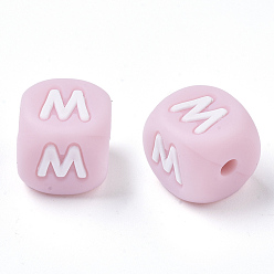 Letter M Food Grade Eco-Friendly Silicone Beads, Horizontal Hole, Chewing Beads For Teethers, DIY Nursing Necklaces Making, Letter Style, Cube, Pink, Letter.M, 12x12x12mm, Hole: 2mm