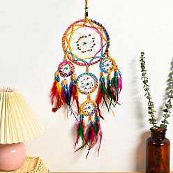 Colorful Woven Net/Web with Feather Pendant Decoration, with Iron Ring and Beads, Knitting Craft, Colorful, 58cm