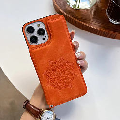 Orange Red PU Leather Mobile Phone Case for Women Girls, Mandala Pattern Camera Protective Covers for iPhone14 Plus, Orange Red, 16.08x7.81x0.78cm