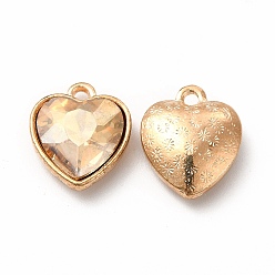 PeachPuff Faceted Glass Rhinestone Pendants, with Golden Tone Zinc Alloy Findings, Heart Charms, PeachPuff, 16.5x14x6.5mm, Hole: 1.6mm