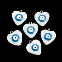 Steel Blue Natural Freshwater Shell Enamel Pendants, Heart Charms with Evil Eye, with Platinum Tone Alloy Loops, Steel Blue, 20.5x18x4mm, Hole: 1.8mm
