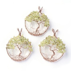 Quartz Crystal Natural Quartz Crystal & Peridot Big Pendants, with Rose Gold Tone Brass Findings, Flat Round with Tree of Life, 58~61.5x44~48x14~16.5mm, Hole: 4~5x3.5~6mm