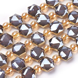Gray Opaque Glass Beads Strands, with Golden Tone Brass Findings, Pearl Luster Plated, Faceted, Hexagon, Gray, 12x10.5x7~7.5mm, Hole: 1.2mm, about 10pcs/strand, 6.81 inch (17.3cm)