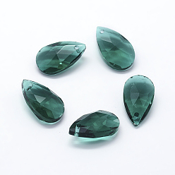 Green Faceted Glass Pendants, Teardrop, Green, 22x13x8.5mm, Hole: 1mm