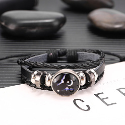 Gemini Constellation Glass Link Multi-strand Bracelet, PU Leather Braided Triple Layer Gothic Bracelet for Men Women, Gemini, 7-1/8 inch(18cm)