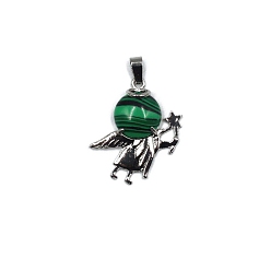 Malachite Synthetic Malachite Pendants, Antique Silver Plated Alloy Angel Charms, 36x28mm