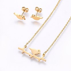 Golden 304 Stainless Steel Jewelry Sets, Stud Earrings and Pendant Necklaces, Bird, Golden, Necklace: 18.9 inch(48cm), Stud Earrings: 5x12x1.2mm, Pin: 0.8mm