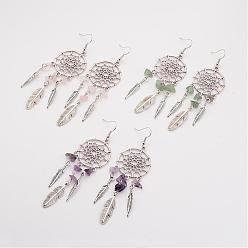 Mixed Stone Natural Gemstone Dangle Earrings, with Metal Findings, Woven Net/Web with Feather Earrings, 95mm, Pin, 0.6mm