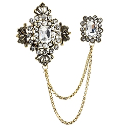 Clear Alloy with Glass Rhinestone Brooch, Hanging Chain Brooch, Diamond Shape, Clear, 52x44mm