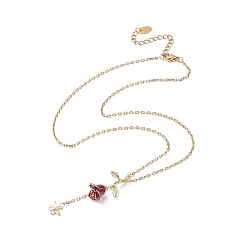Golden Alloy Enamel Rose with Butterfly Lariat Necklaces with 304 Stainless Steel Chains, Golden, 17.05 inch(43.3cm)
