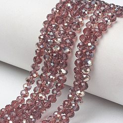 Old Rose Electroplate Glass Beads Strands, Half Plated, Rainbow Plated, Faceted, Rondelle, Old Rose, 4x3mm, Hole: 0.4mm, about 123~127pcs/strand, 16.5~16.9 inch(42~43cm)