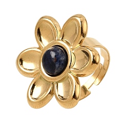 Sodalite 304 Stainless Steel Cuff Open Rings for Women, Flower, with Natural Sodalite, Ion Plating(IP), Golden, US Size 7(17.3mm)