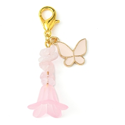 Pink Alloy Enamel Butterfly & Acrylic Flower Pendant Decoration, Natural Rose Quartz Chips and Lobster Claw Clasps Charm, Pink, 52~53mm