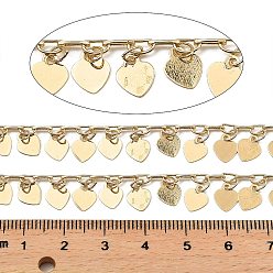 Light Gold Rack Plating Brass Link Chains, with Heart Charms, Long-Lasting Plated, Soldered, with Spool, Light Gold, heart: 7.5x6x0.2mm, about 32.81 Feet(10m)/Roll