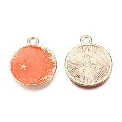 Coral Alloy Enamel Pendants, Cadmium Free & Lead Free, Flat Round with Moon and Star, Golden, Coral, 26x21x2.5mm, Hole: 2.5mm