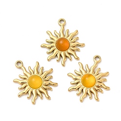 Yellow Jade Ion Plating(IP) 316 Stainless Steel Sun Pendants, Natural Yellow Jade Sun Charms, Real 24K Gold Plated, 23x20x5mm, Hole: 1.8mm