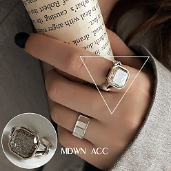 Octagon Crystal Rhinestone Open Cuff Ring, Platinum Brass Jewelry for Women, Octagon Pattern, US Size 8(18.1mm)